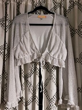Urban Outfitters White Shimmer Tie-Front V-Neck Sweater